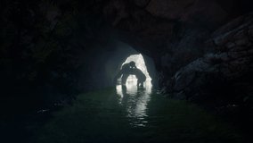 A horrible, toothy creature makes its way through a cave in the green jungle. A concept of a green jungle populated by monsters. The animation is perfect for horror, sci-fi or apocalyptic backgrounds. - Powered by Shutterstock - Get 15% off with code: PIKWIZARD15