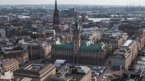 Hamburg, Germany - circa 2021: Establishing Aerial View Shot of Hamburg De, Mecklenburg-Western Pomerania, Germany, Rathaus, day
