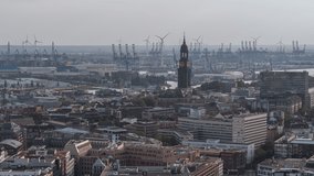 Establishing Aerial View Shot of Hamburg De, Mecklenburg-Western Pomerania, Germany, day, St. Michael's Church, port of Hamburg in background