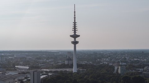 Hamburg, Germany - circa 2021: Establishing Aerial View Shot of Hamburg De, Mecklenburg-Western Pomerania, Germany, Hamburg TV Tower