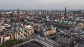 Establishing Aerial View Shot of Hamburg De, Mecklenburg-Western Pomerania, Germany, late afternoon, rathaus, packed city