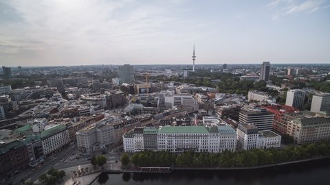 Hamburg, Germany - circa 2021: Establishing Aerial View Shot of Hamburg De, Mecklenburg-Western Pomerania, Germany, day super wide, TV Tower