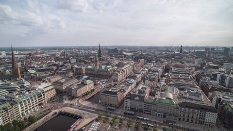 Establishing Aerial View Shot of Hamburg De, Mecklenburg-Western Pomerania, Germany, super wide, day, old town