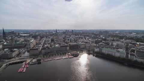 Hamburg, Germany - circa 2021: Establishing Aerial View Shot of Hamburg De, Mecklenburg-Western Pomerania, Germany, day, super wide, nice sky