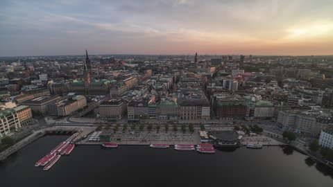 Establishing Aerial View Shot of Hamburg De, Mecklenburg-Western Pomerania, Germany, wonderful sunset, waterfront, old town, wide