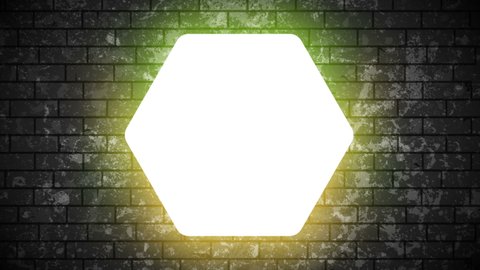 Grunge brick wall with green yellow neon illumination and white hexagon abstract motion background. Seamless looping. Video animation Ultra HD 4K 3840x2160