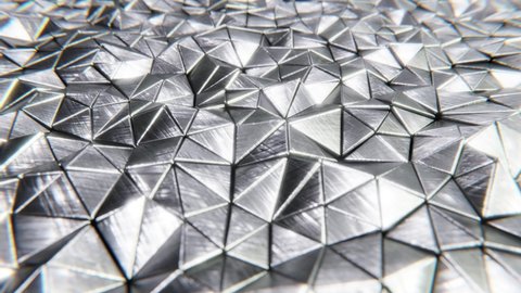 Realistic looping abstract 3D animation of the moving silver shiny solid metallic steel triangles pattern rendered in UHD as motion background