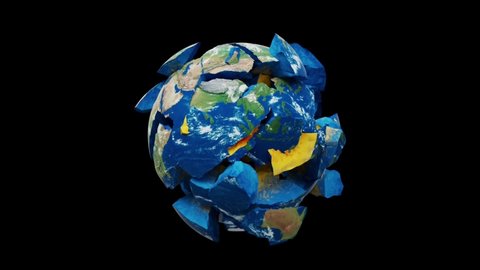 Apocalyptic destroyed shattered Earth planet with fragile debris or cracked fragments, view from space at destructed ruined wrecked rotating realistic world globe, apocalypse concept 3d background.