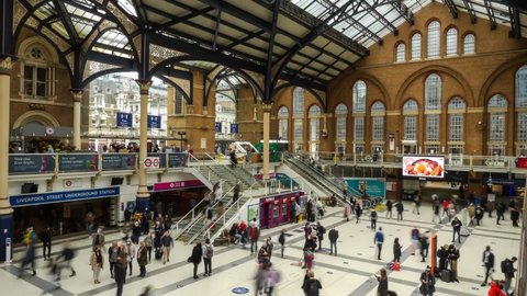 London, England, United Kingdom - 23 October 2021: Time lapse of people moving around Liverpool Street Station