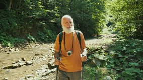 Travel Elderly Man of a Hiker With Backpack and Nordic Walking Sticks Through the Forest. Hike, Walk Along the River, Enjoy Nature. Active Retirement, Tourism And Hobby Concept.