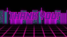 Animation of thank you text over cityscape on black background. video game, entertainment and digitial interface concept digitally generated video. - Powered by Shutterstock - Get 15% off with code: PIKWIZARD15