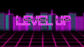 Animation of level up text over cityscape on black background. video game, entertainment and digitial interface concept digitally generated video. - Powered by Shutterstock - Get 15% off with code: PIKWIZARD15