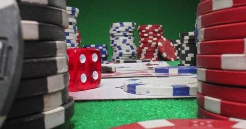 Poker table with cards and chips. Texas holdem for four people. Parallax effect.