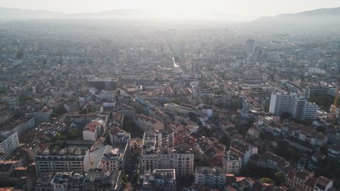 Establishing Aerial View Shot of Marseille Fr, Bouches-du-Rhone, Provence-Alpes-Cote d'Azur, France, slow move into city