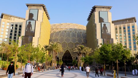 Dubai, United Arab Emirates - October 18, 2021: A beautiful view of the golden Al Wasl Dome at the Expo 2020 Dubai UAE