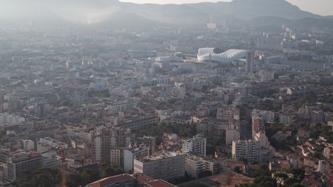 Establishing Aerial View Shot of Marseille Fr, Bouches-du-Rhone, Provence-Alpes-Cote d'Azur, France, packed city