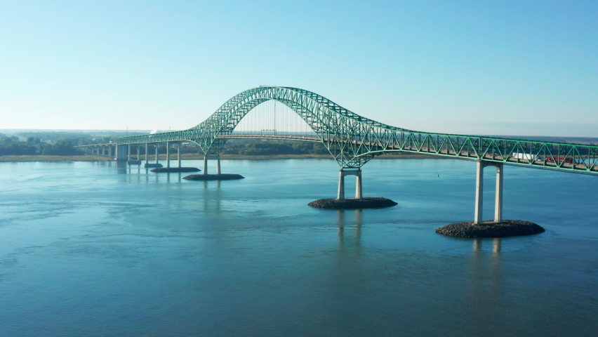 Aerial Drone of Laviolette Bridge in Trois-Rivières Quebec During Summer. Full View Of Bridge and River Below | Shutterstock HD Video #1081166480