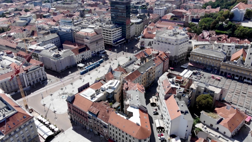 Drone footage of Ban Josip Jelačić Square in Zagreb. Drone view of a city in Croatia. Drone shot to Zagreb. City from above. The central square of Zagreb. Ban Jelacic Square, Jelachicheva Square