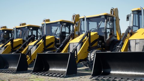An endless row of yellow excavators. Machinery fleet ready for heavy work. Looping animation. 4K Ultra HD
