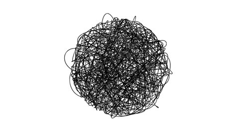 Hand drawn tangle scrawl sketch or black line spherical abstract scribble shape. Tangled chaotic and nervous doodle circle or thread clew knot spinning on white background. 4K looped animation