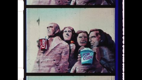1980s South Dakota. Animated Penguins visit Mount Rushmore National Memorial in wacky and zany Refreshment or Concession Stand Advertisement. 4K Overscan of Vintage Archival 16mm Film Print
