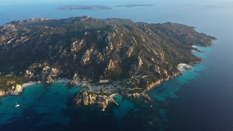View from above, stunning aerial view of Spargi Island with Cala Corsara, Cala Soraya and some other beaches bathed by a turquoise water. La Maddalena archipelago National Park, Sardinia, Italy.