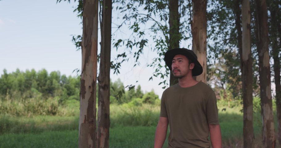 Portrait of a young Asian man dressed in a black t-shirt going through a grove of towering trees in fall, exploring the woods.