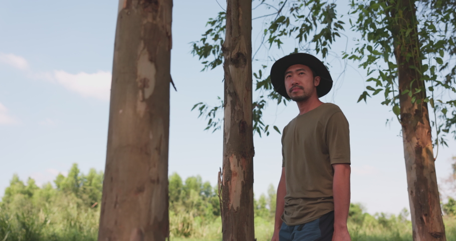 Portrait of a young Asian man dressed in a black t-shirt going through a grove of towering trees in fall, exploring the woods.