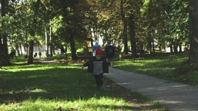 happy little caucasian child boy in red hat and striped white blue coat and warm clothes running with wooden stick on green grass in public park in cold sunny autumn day. Kid shouts looking on camera - Powered by Shutterstock - Get 15% off with code: PIKWIZARD15
