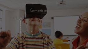 Animation of mathematical equations over schoolboy wearing vr headset. education and study concept digitally generated video.