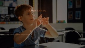 Animation of mathematical equations over schoolboy in classroom. education and study concept digitally generated video.