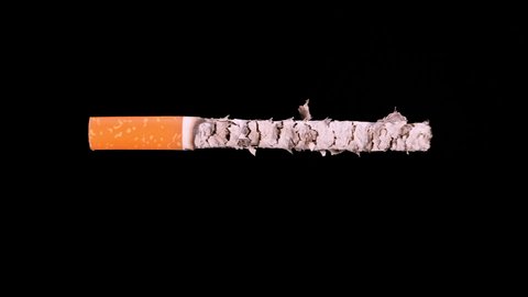 Timelapse video of single filter-tipped cigarette burning, smoldering against a black background. 4k Resolution. Health, addiction concepts.