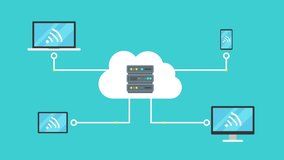 Video animation about sending data via the cloud from the server to other devices. Data is sent from the server to lapotpa, phone, tablet, TV, monitor. - Powered by Shutterstock - Get 15% off with code: PIKWIZARD15