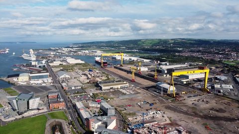  Aerial view of Harland and Wolff and Shipyard Dockyard where RMS Titanic was built at Titanic Quarter Belfast Northern Ireland 09-09-21