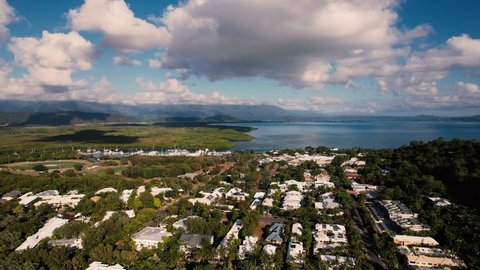 Aerial Drone Shot of Tropical Port Douglas featuring mangroves, the marina and town.