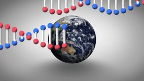 Animation of dna strand over earth globe on grey background. global science, connections, data processing and digital interface concept digitally generated video. - Powered by Shutterstock - Get 15% off with code: PIKWIZARD15