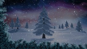 Animation of snow falling over fir trees and winter landscape. christmas, tradition and celebration concept digitally generated video.