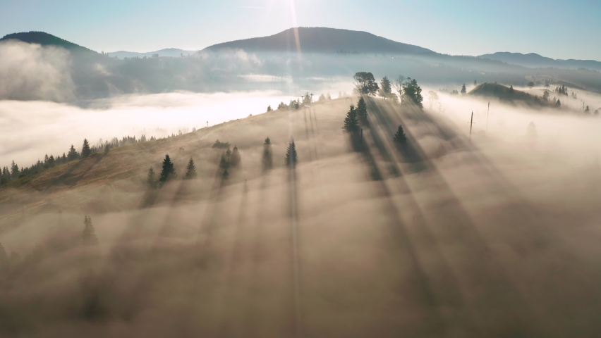 Aerial view of foggy sunrise in the mountains. Summer mountains.