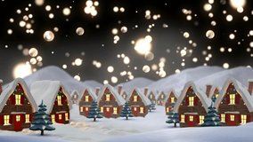 Animation of winter scenery with decorated houses and light spots on black background. christmas, winter, tradition and celebration concept digitally generated video.