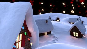 Animation of winter scenery with decorated houses on black background. christmas, winter, tradition and celebration concept digitally generated video.