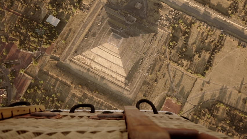 POV view of Pyramid of the Sun with sunrise from the air balloon in  Teotihuacan, Mexico.