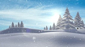 Animation of snow falling over santa claus in sleigh with reindeer and winter landscape. christmas, tradition and celebration concept digitally generated video.