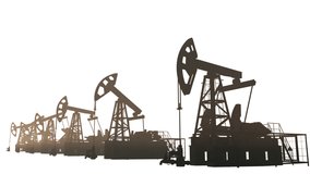 Silhouette of a working oil pumps jacks on transparent background . Industrial energy producing equipment. Looped video. 3D render. ProRes 4444