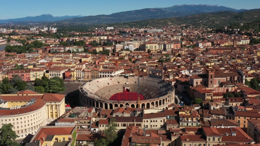 Aerial view of the historic city of Verona, Italy. Aerial view of the historic Italian city of Verona. Arena di Verona top view of the city of Verona in Italy. Royalty-Free Stock Footage #1081217432
