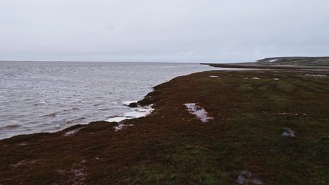 Landswell line of Kara sea in cloudy afternoon on Yamal peninsula. Strong wind makes foamy waves.