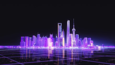 Glowing neon colorful statistic hologram of the megapolis, dark background. Shanghai city, China. Computer matrix and industry concept. Digital 3D-Rendered modern animation for business presentations.
