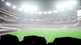 Empty night baseball and cricket arena in fog and illuminated by spotlights 3d render 4k video