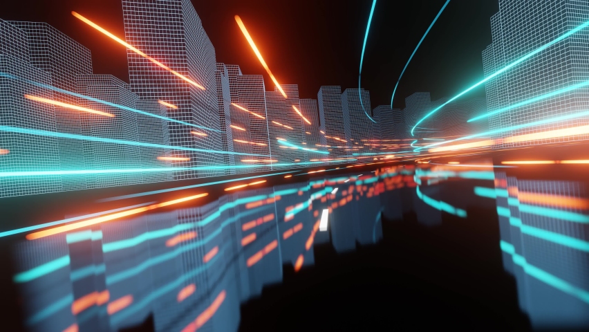 Abstract 3D hologram render with futuristic city road. Digital City.  Flying through colored neon buildings. Technology and connection concept. Cyberspace. 3D 4K loop animation video Royalty-Free Stock Footage #1081229831