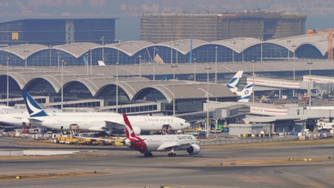 HONG KONG - NOVEMBER 07, 2019: Qantas Boeing 787 Dreamliner Jet airliner taxiing after arriving on runway at Chek Lap Kok airport