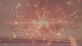 Animation of snow falling and fireworks over blurred view of room. christmas, tradition and celebration concept digitally generated video.